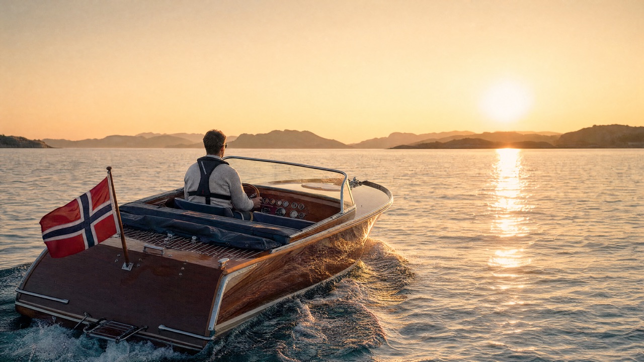 Klassisk båt på vei mot en gylden horisont på en norsk fjord